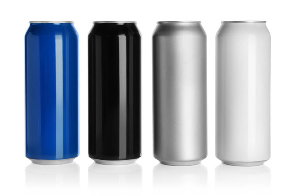 Set of aluminum cans with drinks on white background - Valokuva, kuva