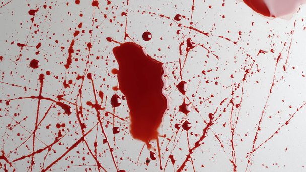 Stain and splashes of blood on light grey background, top view - Valokuva, kuva