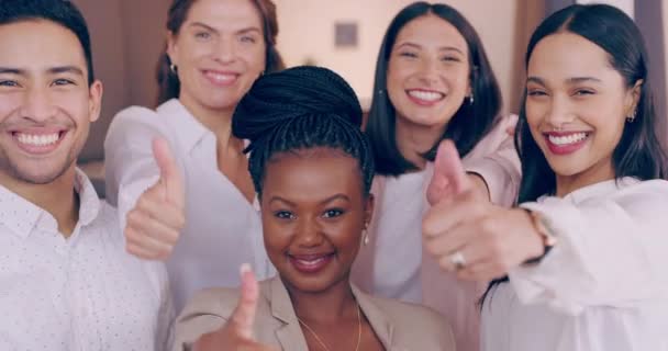 Duimen omhoog, succes en portret van zakenmensen, teamwork en motivatie, viering en HR recruitment support. Diversiteit, arbeiders en groep, duim omhoog handen en winnaar, zoals emoji en feedback stem. - Video