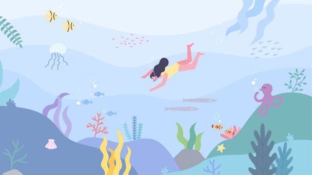 in the beautiful sea. A diver is traveling underwater. Various marine creatures in the sea. - Vector, Image