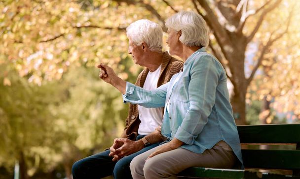 Park láska, komunikace a starší pár v přírodě relaxovat, důchodový klid a venkovní konverzaci. Letní péče, spokojenost a mluvení starší muž a žena na lavičce v Portugalsku na jaře. - Fotografie, Obrázek