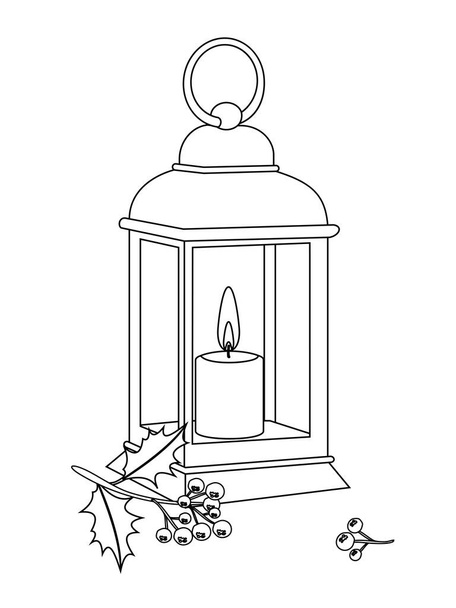 Antica lampada con candela accesa e bacche di agrifoglio con contorno nero per la colorazione. Illustrazione natalizia per una cartolina con sfondo bianco.  - Foto, immagini