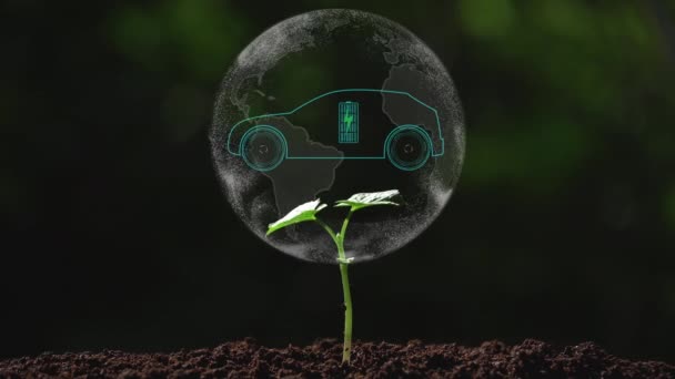 ηλεκτρικό όχημα αυτοκίνητο στη γη σε ένα μικρό δέντρο με οικολογικό σήμα περιβάλλοντος ολόγραμμα βιώσιμη καθαρή ενέργεια. - Πλάνα, βίντεο
