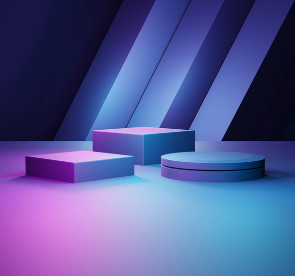 3d weergave van paarse en blauwe abstracte geometrische achtergrond. Scène voor reclame, technologie, showcase, banner, spel, sport, cosmetische, zakelijke, metaverse. Sci-Fi Illustratie. Product display - Foto, afbeelding