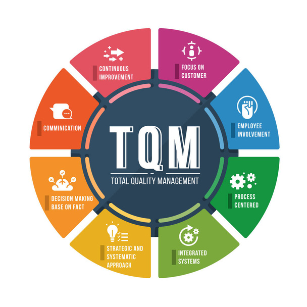 Διάγραμμα κύκλων TQM (συνολική διαχείριση ποιότητας) με 8 διανυσματικό σχεδιασμό εικονιδίων ενότητας - Διάνυσμα, εικόνα