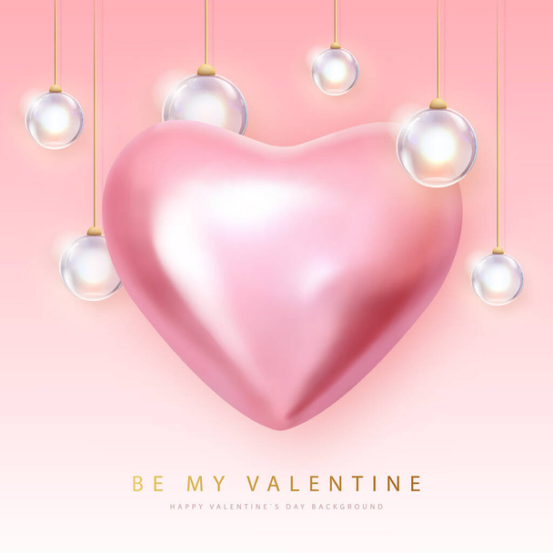 Happy Valentines Day poster with 3D pink metallic heart and electric lamps. Vector illustration - Vektor, obrázek
