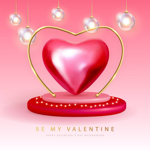 Happy Valentines Day poster with 3D red metallic heart and electric lamps. Vector illustration - Vektor, obrázek