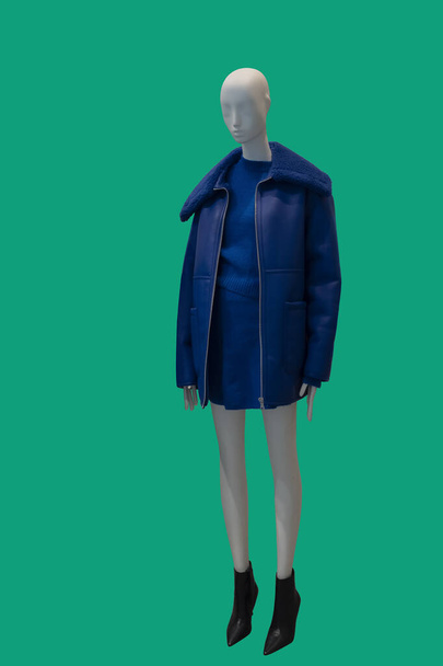 Pełna długość obrazu manekina wyświetlacza żeńskiego ubranego w niebieski ciepły skórzany krótki płaszcz z kołnierzem futrzanym, sweter z dzianiny i spódnica odizolowana na zielonym tle - Zdjęcie, obraz
