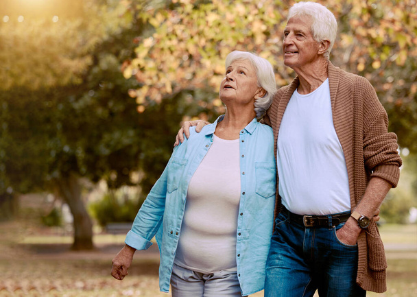 Starsza para spacerująca w parku na emeryturę, miłość i opieka razem cieszyć się jakość czasu, małżeństwa i związku. Starzec, kobieta i starsi ludzie w jesiennym ogrodzie, przyroda i relaks na świeżym powietrzu. - Zdjęcie, obraz