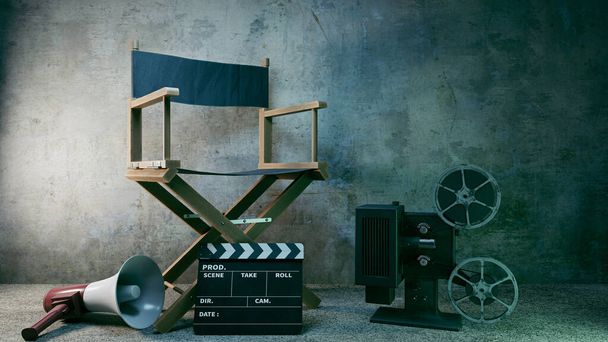 καρέκλα σκηνοθέτη με προβολέα και σχιστόλιθο, 3d απόδοση - Φωτογραφία, εικόνα