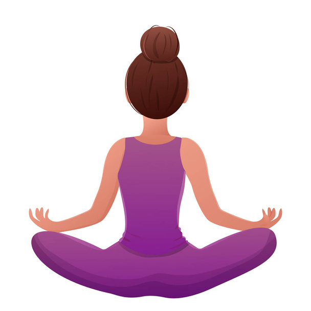 Méditation personnage féminin assis dans la pose de lotus, vue de dos dans le style de dessin animé isolé sur fond blanc. Illustration vectorielle - Vecteur, image