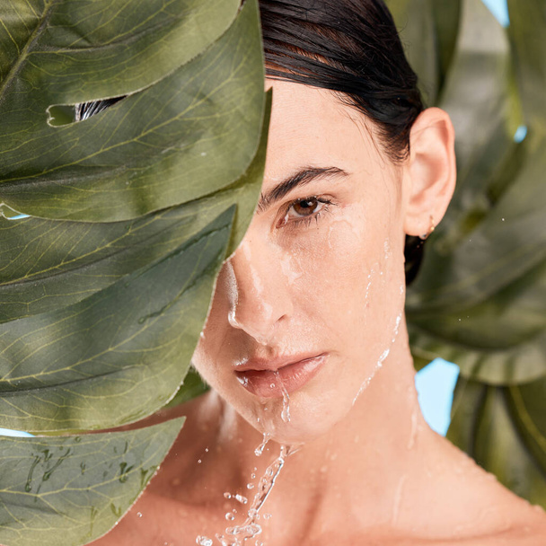 Skincare portrait and shower face with leaf for natural cosmetic washing treatment zoom. Beauty, wellness and hygiene of girl model with monstera plant and hydrated skin cleaning routine - Photo, Image