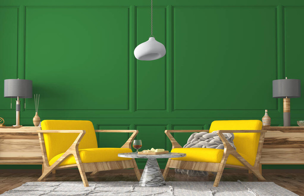 Moderne woonkamer interieur met gele fauteuils, salontafel met eten, commode met home decor, groene wandpanelen, lampen en plaid. Designer appartement. 3d destructie - Foto, afbeelding