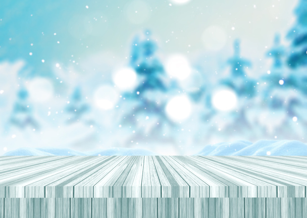 3D weergave van een kerstachtergrond met een houten tafel tegen een gedecentraliseerd winterlandschap - Foto, afbeelding