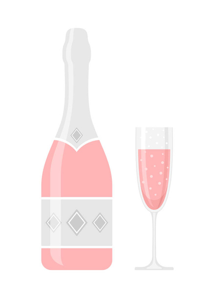 Бутылка и бокал розового шампанского или игристое вино изолированы на белом фоне. Векторная иллюстрация в плоском стиле - Вектор,изображение