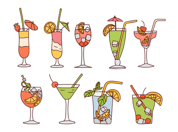 Cold summer cocktail colorful doodle illustration set in vector. Cocktail illustrations collection in vector. Cold lemonade colorful doodle illustration set. - Vetor, Imagem