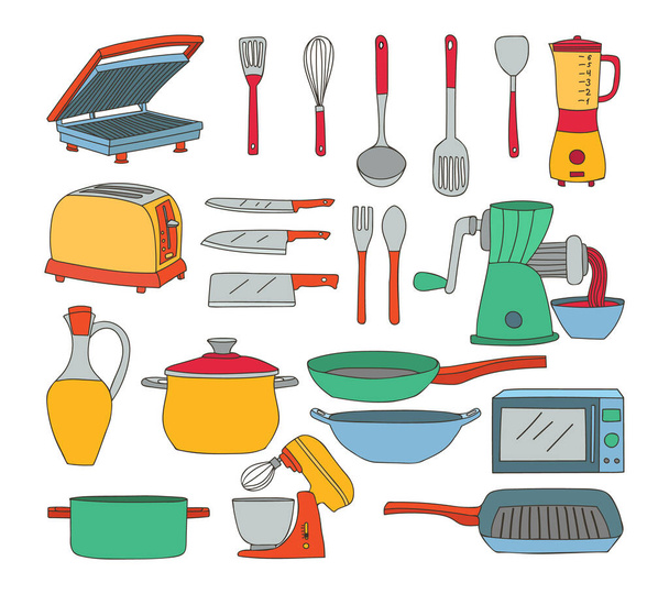 Приготовление посуды красочный набор иллюстраций. Коллекция иконок кухонной утвари. Приготовление посуды красочные каракули коллекции иллюстраций. - Вектор,изображение