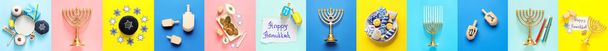 Colagem com símbolos de Hanukkah em fundo colorido - Foto, Imagem