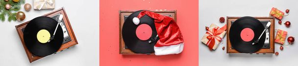 Collage de tourne-disque vinyle avec décorations de Noël, vue de dessus - Photo, image