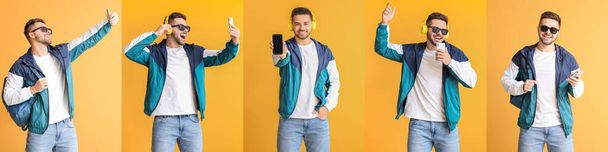 オレンジの背景に携帯電話を持つ若い男のコラージュ - 写真・画像