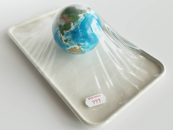 Earth globe in vacuum packaging with english expiry date -- Global warming concept work -3D rendering - Valokuva, kuva