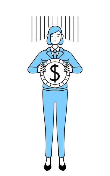 Простой рисунок линии, изображающий женщину в рабочей одежде, изображение потери валюты или обесценивания доллара - Вектор,изображение