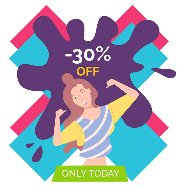 Cheerful personage, isolated female character winking and pointing on herself. Proposition of shop, reduction of price, sale and discount store. Happy woman on black friday sale. Vector in flat style - Vektori, kuva