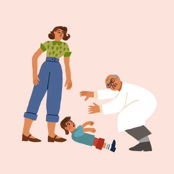 Doktersafspraak, moeder, kind en kinderarts. Plotseling ongeluk bij een doktersafspraak. Vectorillustratie - Vector, afbeelding