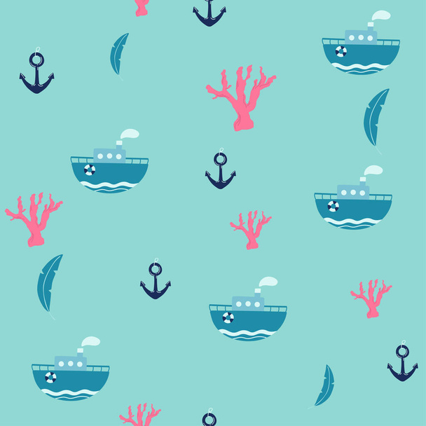 Marine seamless pattern with cartoon boats on blue background - Vecteur, image
