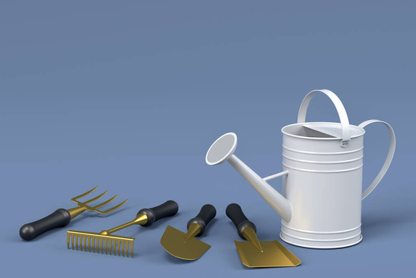 Watering can with garden tools like shovel, rake and fork on grey background. 3d render concept of horticulture and farming supplies - Foto, imagen