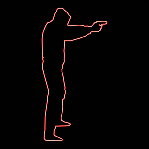 銃の概念の危険性を持つフードのネオン男は、腕のアイコンカラーベクトルイラストイメージフラットスタイルの光を伸ばし - ベクター画像