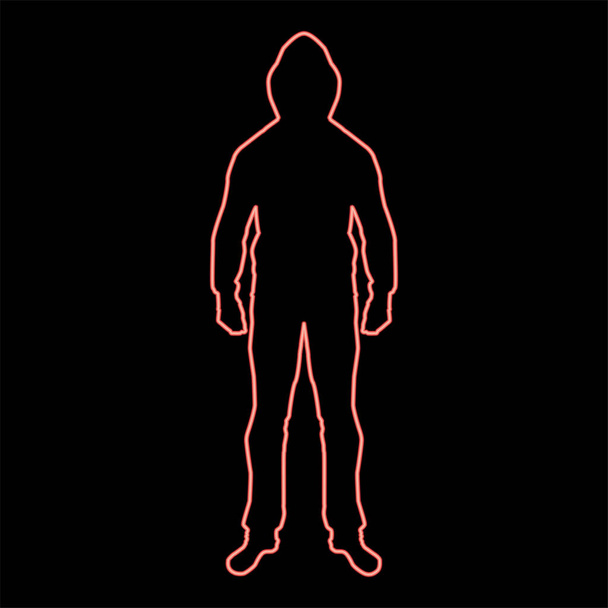 Neon man in de kap concept gevaar silhouet voorkant iconrode kleur vector illustratie beeld platte stijl licht - Vector, afbeelding
