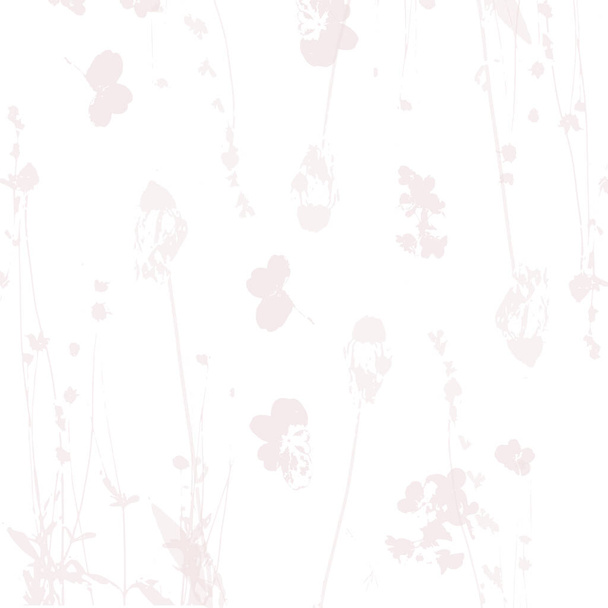 Delicato schema vettoriale con fiori selvatici, erbe botaniche. Morbidi colori pastello arrossiscono beige sfondo rosa - Vettoriali, immagini