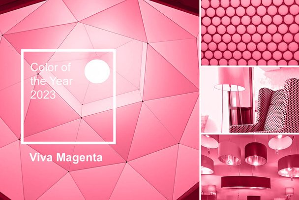 New trendy color of year 2023 - Viva Magenta. Fashion color palette sample. Abstract geometric swatch colors collage. Viva Magenta - Photo, Image