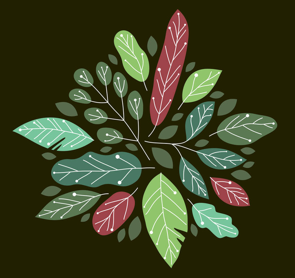 Beautiful fresh green leaves flat style vector illustration over rark, floral composition drawing, botanical design. - Διάνυσμα, εικόνα
