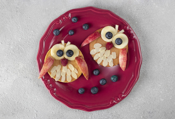 Desayuno divertido para niños: panqueques en forma de búho con arándanos, frambuesas, manzana y almendras en un plato fucsia sobre fondo gris, vista superior - Foto, Imagen