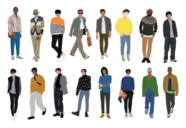 Bundle of Street fashion men vector illustrations. Young men wearing trendy modern street style outfit standing and walking. Cartoon stylish male characters isolated on white background. - Vector, Image