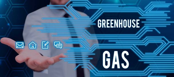Tekstbord Greenhouse Gas, Business vitrine kooldioxide draagt bij aan broeikaseffect door infrarood straling te absorberen - Foto, afbeelding