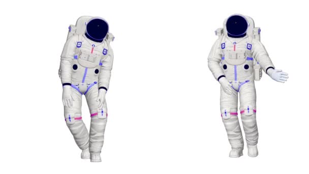 Dos astronautas en 3D bailan. Animación 3D realista de astronautas danzantes en trajes espaciales en el espacio. - Metraje, vídeo