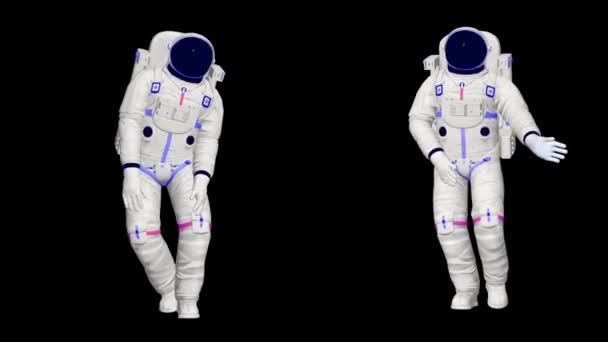 Due astronauti 3D danzano. Animazione realistica 3D di astronauti danzanti in tuta spaziale nello spazio. - Filmati, video