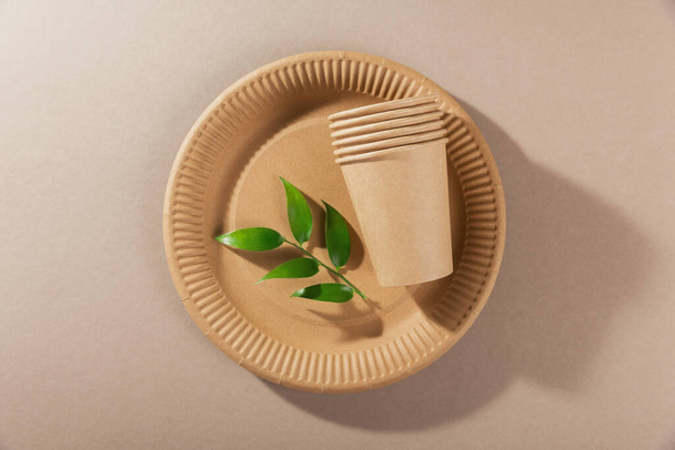 Disposable tableware from natural materials. Biodegradable plate, Compostable cup - Foto, Bild