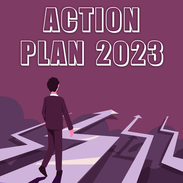 Inspiración mostrando signo Plan de Acción 2023, Concepto de negocio para hacer lista contiene el número de cosas que se harán el próximo año - Foto, Imagen