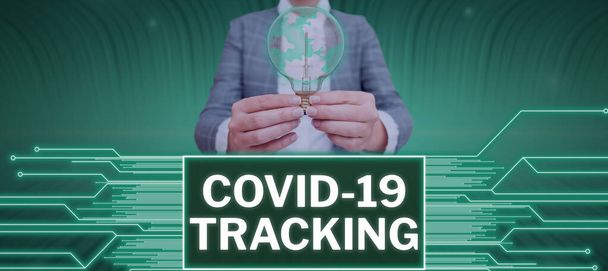 Tekenen weergeven Covid 19 Tracking, Business showcase Onderscheidend proces van de mogelijke geïnfecteerde personen - Foto, afbeelding