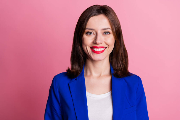 Closeup portrait of young funny positive toothy beaming smiling entrepreneur lady boss business company owner isolated on pink color background. - Foto, Imagem