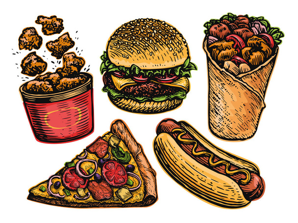 Fast Food set. Cheeseburger, slice of pizza, hot dog, kebab, fried chicken meat, burger, nuggets. Vector illustration - Вектор, зображення