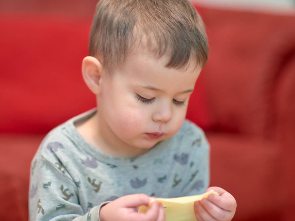 cute young boy eating cheese at home while watching tv next to the couch - Foto, immagini