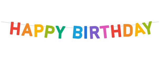 gelukkige verjaardag slinger, kleurrijke partij gors, grote letters opknoping op een string, eenvoudige vector illustratie - Vector, afbeelding