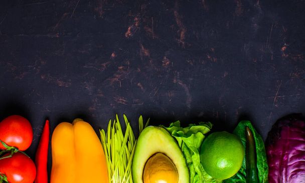 Healthy vegan food concept. Fruits vegetables background. Space  - Photo, Image