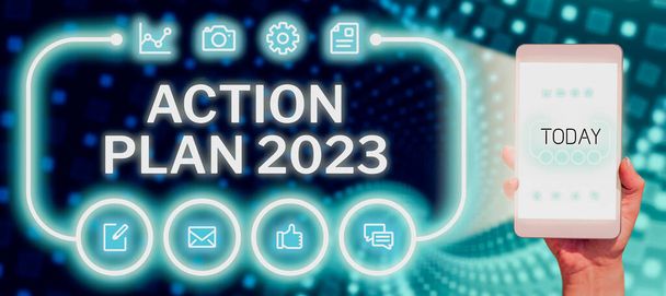 Título conceptual Plan de acción 2023, escaparate de negocios para hacer la lista contiene el número de cosas que se harán el próximo año - Foto, imagen