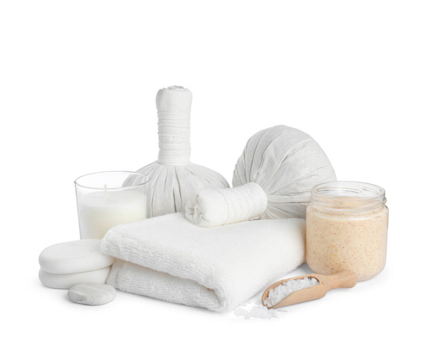 Spa composition with care products on white background - Fotografie, Obrázek